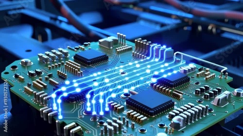 A close-up of a green circuit board with glowing blue lines and microchips, surrounded by various electronic components and wires in the background, possibly used for technology or innovation concept
