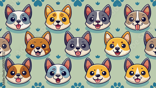 Adorable smiling cartoon corgi dog faces in a delightful seamless pattern vector illustration. This charming design features happy pet puppy heads in various colors, set against a soft green backgroun