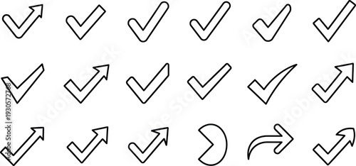 A collection of hand drawn check marks and arrows in a simple line art style on a plain white background for use as icons or graphics