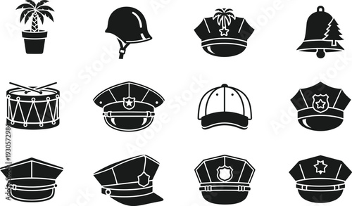 Collection of police hats, helmets and uniform icons in black and white, law enforcement badge symbols set isolated on white background
