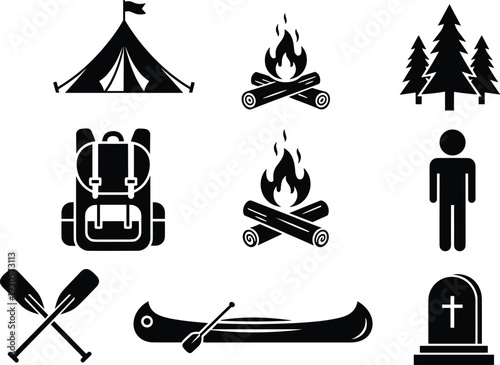 Camping and outdoor adventure icons set featuring tent, campfire, pine trees, backpack, canoe and paddles in black and white vector illustration