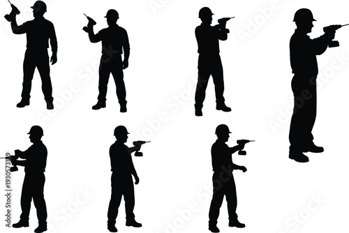 Construction worker silhouettes holding cordless drills in different poses, black and white industrial set illustrating builder, contractor and handyman tools on isolated background