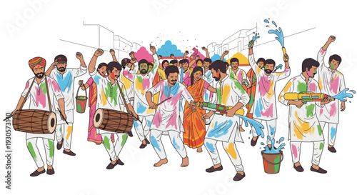 Festive Holi Parade Colored Water Fun