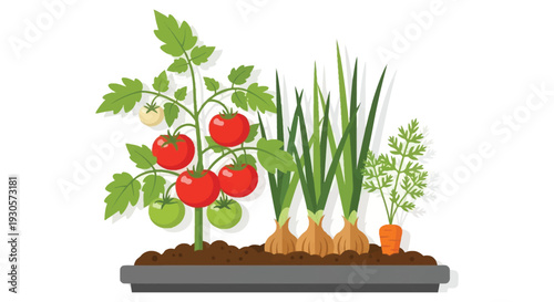 A vibrant vector illustration depicts garden vegetables like tomatoes onions and carrots in a planter silhouette high quality professional detailed modern