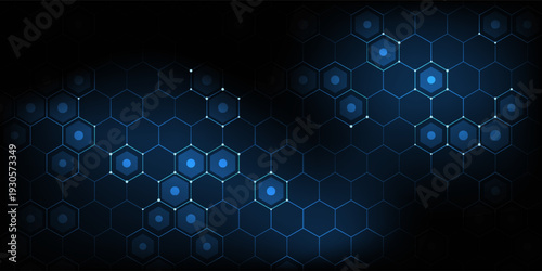 Futuristic abstract blue background featuring glowing hexagonal grid pattern and connected dots. Digital technology concept with geometric honeycomb structure
