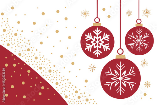 Red Christmas ornaments with white snowflakes hanging from strings on white background with