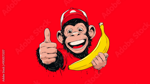 A smiling primate with a banana and a thumbs-up against a bright red background