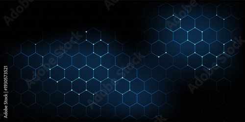 Futuristic abstract blue background featuring glowing hexagonal grid pattern and connected dots. Digital technology concept with geometric honeycomb structure