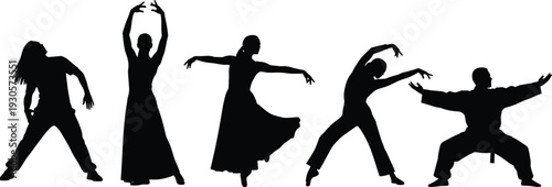 Dance silhouette vector set featuring ballet, contemporary and martial arts pose figures isolated on white background for performance, choreography and fitness design