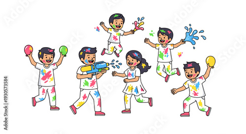 Happy Kids Splashing Holi Pichkaris in Park