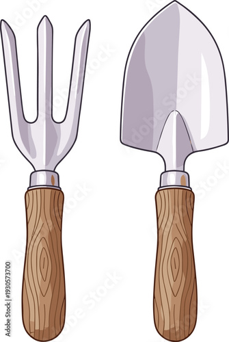 Garden hand tools set with metal fork and trowel with wooden handles for planting, digging, and home gardening vector illustration.