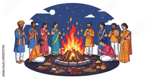 Holi Eve Ritual Bonfire Under Moonlight