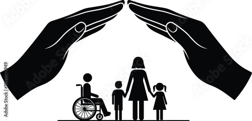 Family protection concept with caring hands sheltering mother, children and disabled person in wheelchair, black and white silhouette symbolizing support, insurance and social