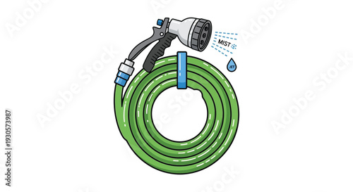 A colorful illustration depicts a coiled green garden hose with a spray nozzle showing water mist silhouette high quality professional detailed