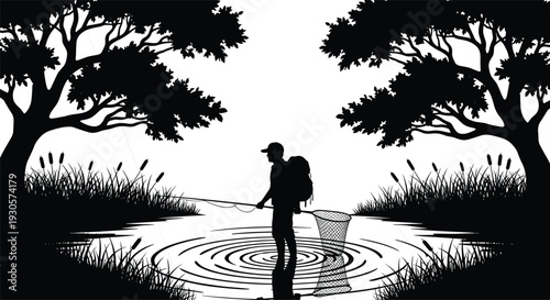 Fishing silhouette scene featuring angler with net standing in river surrounded by trees and reeds, tranquil nature landscape in black and white illustration