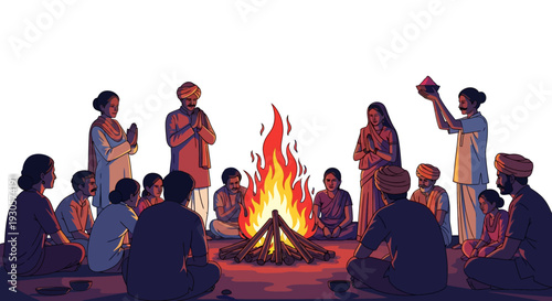 Holika Dahan Community Gathering Around Bonfire