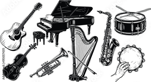Orchestra Musical Instruments Collection Featuring Grand Piano Acoustic Guitar Violin Trumpet Saxophone Harp Drums and Percussion Elements for Jazz and Classical Music