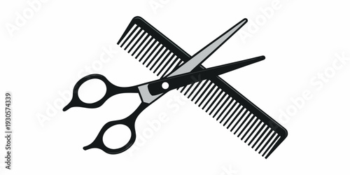Styling tools a black comb and silver scissors crossed together