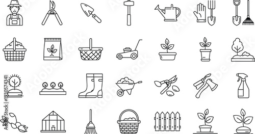 Gardening outline icon set with tools, plants, greenhouse, watering can, lawn mower, boots, and harvest basket for horticulture vector illustration.