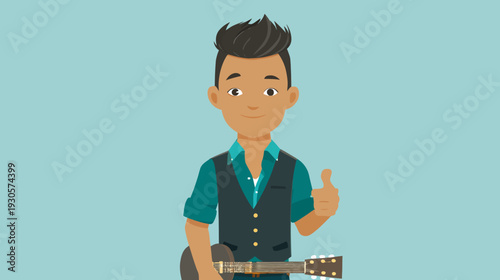 Cartoon man with guitar gives thumbs up. He wears a teal shirt and a vest