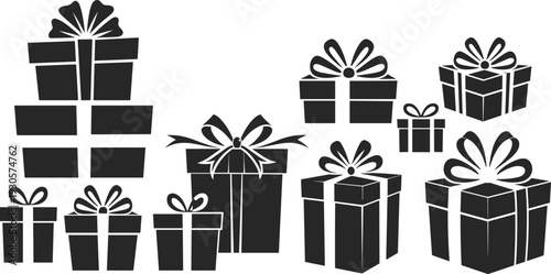Collection of gift box silhouettes with decorative bows and ribbons, holiday present icon set, birthday and Christmas packages, flat vector illustration isolated on white background