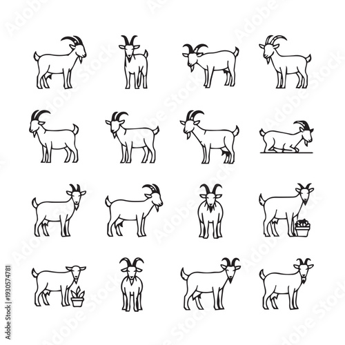 Goat Collection Icons: Various Poses and Actions Simple Line Art Isolated on White