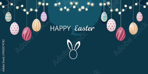 Festive easter greeting with decorated eggs lights and a bunny illustration