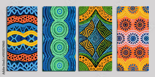 Four vibrant rectangular panels displaying colorful african inspired patterns