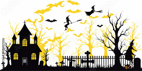 A spooky halloween scene featuring a haunted house and flying witches