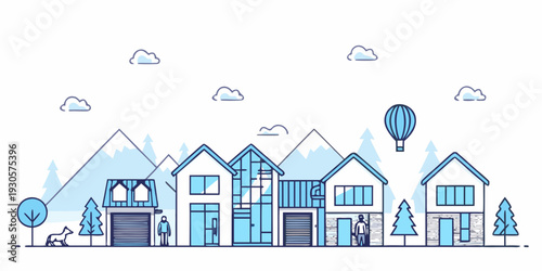 Stylized illustration of a small town with mountains and a hot air balloon