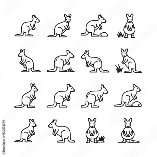 Kangaroo Icon Set Outline Illustrations of Marsupials in Various Poses Vector Graphics
