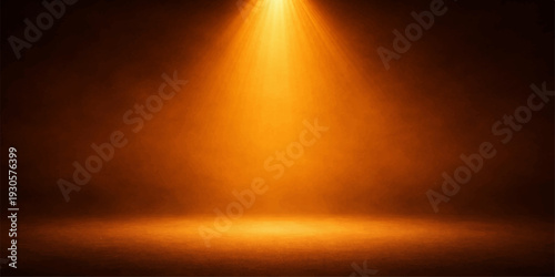 Abstract blue and orange light rays flash across a dark stage backdrop with a bright spotlight on the wall creating an energetic motion design wallpaper