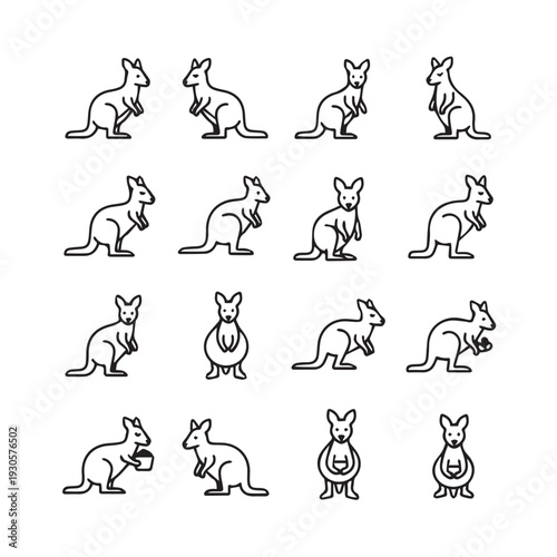 Kangaroo Icon Set Various Poses and Actions Simple Line Art