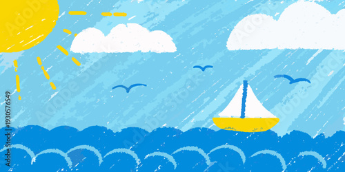 A child s drawing depicts a sunny seascape with a small sailboat