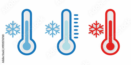 Three thermometers displaying varying temperatures with snowflake icons