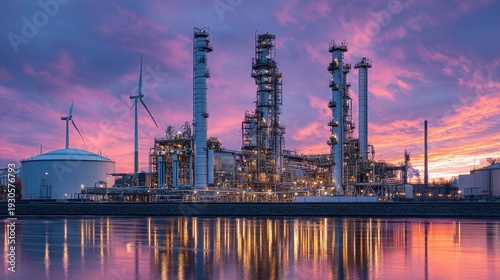 An oil refinery reflects in water with pink sky, wind turbines visible. For energy, industry, or environment themes showing power generation.