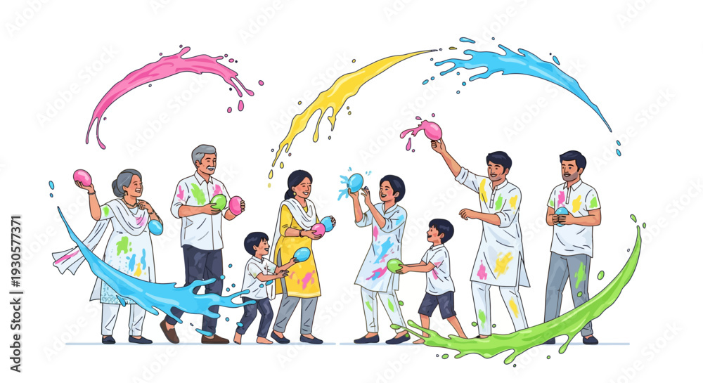 Fototapeta premium Multi Generational Indian Family Holi Water Fight