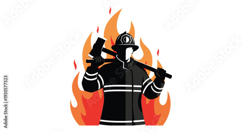 A bold firefighter stands with an axe against a fiery backdrop a dramatic visual representation a silhouette high quality professional