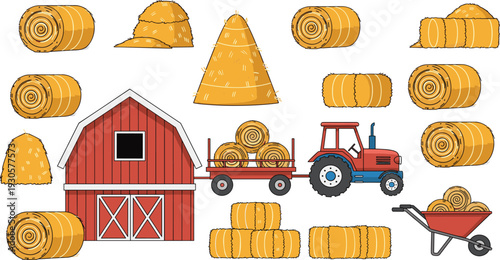 Hay bale collection with barn, tractor, trailer, and wheelbarrow for agriculture harvest, rural farming, and countryside landscape vector illustration.