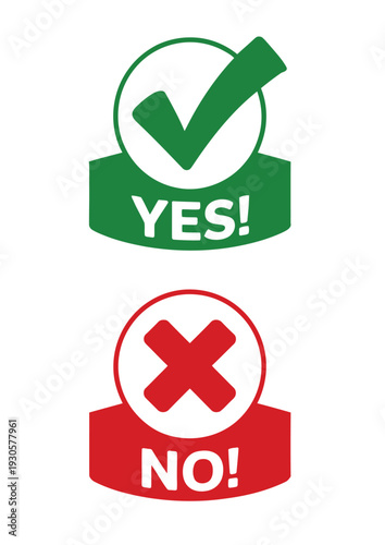 Yes and No check marks, vector icon set, approval and rejection symbols, positive and negative signs for forms, surveys, apps, and websites, modern flat UI UX design isolated on white background.