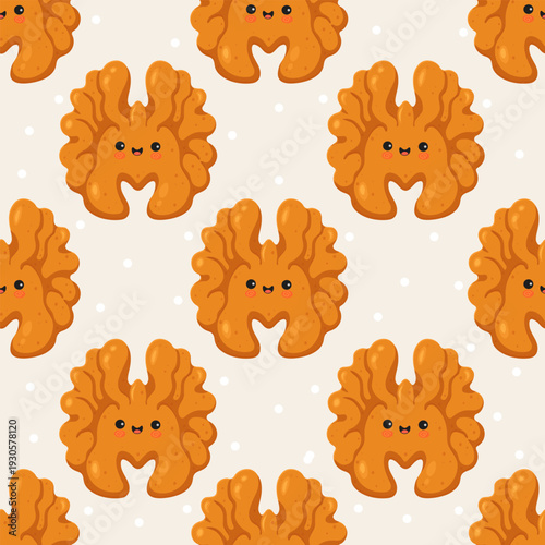 Cute smiling walnut character seamless pattern