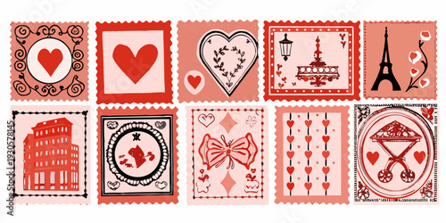 A collection of vintage style postage stamps featuring romantic and parisian themes