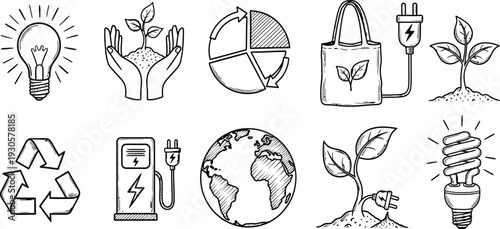 Hand drawn vector icon set featuring ecology green energy renewable power sustainability recycling and environmental conservation symbols for earth friendly designs