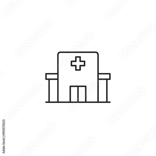 Minimalist Line Art Illustration of a Modern Hospital Building with Medical Cross Symbol