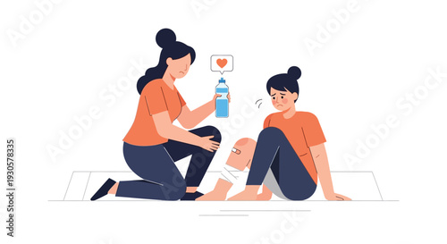A comforting friend tends to another s injured knee offering support and a water bottle silhouette high quality professional detailed modern elegant