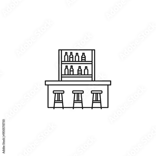 Minimalist Line Art Illustration of Bar Counter with Bottles and Stools