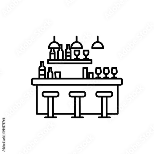 Minimalist Line Art Illustration of Bar Counter with Shelves and Glassware