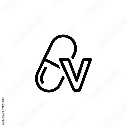 Minimalist Line Art Illustration of Capsule and Letter V for Medical and Healthcare Design