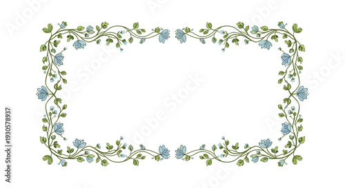An ornate rectangular frame decorated with blue flowers and green foliage creating a delicate border silhouette high quality professional detailed modern
