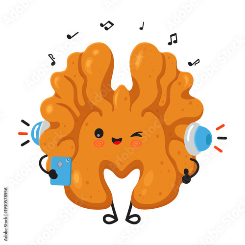 Cute cartoon walnut character listening to music with smartphone and headphones